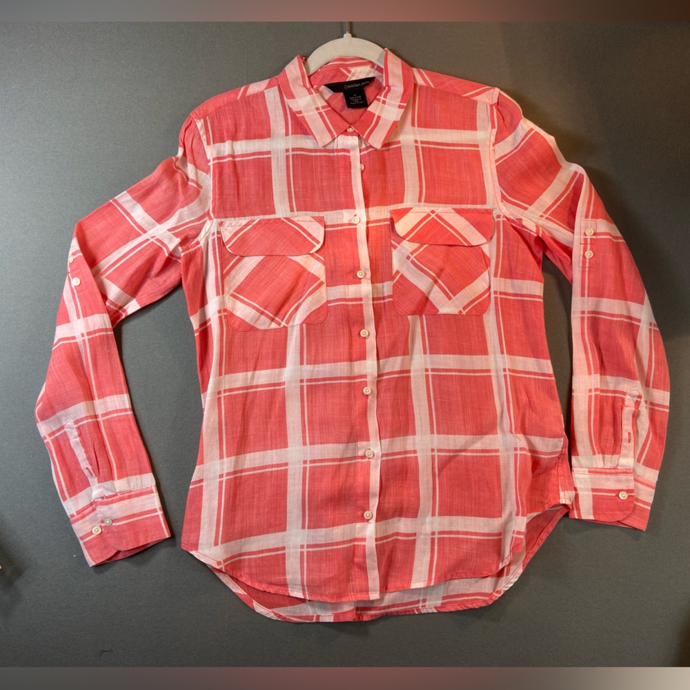 Calvin Klein Coral and White Plaid Button-Up Shirt Womens Size‎ M